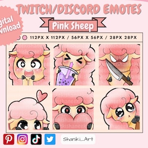 Cute Kawaii Chibi Funny Pink Sheep Emotes Set For Twitch, Discord, Youtube, Stream Emote