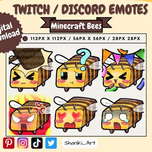 May include: Set of six digital Minecraft bee emotes in various expressions, including angry, in love, confused, and crying. The emotes are in a cartoon style and are perfect for use on Twitch or Discord.
