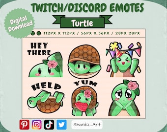 Cute Kawaii Chibi Turtle Emotes Set Pack of 6 For Twitch, Discord, Youtube Emote