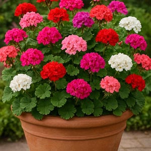Peut inclure: Un pot en terre cuite débordant de géraniums vibrants aux teintes de rouge, rose et blanc. Les fleurs sont en pleine floraison, créant un affichage coloré. Les feuilles vertes offrent un contraste.