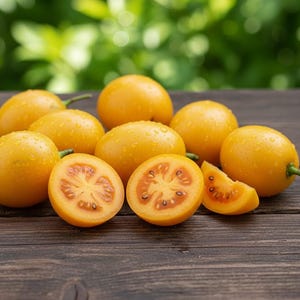 Puede incluir: Un conjunto de tamarillos de color amarillo dorado, algunos enteros y otros cortados para revelar la pulpa de color rojo anaranjado. Las frutas están sobre una superficie de madera oscura, con un fondo verde borroso.