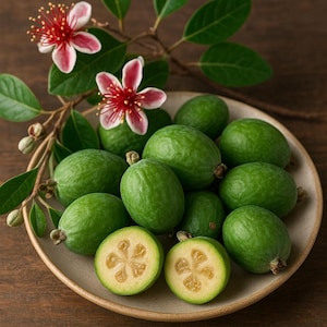 30 Semillas de Feijoa (Acca sellowiana) A Granel Arbusto Frutal Exótico para Huerto y Seto - Flores y Frutos Comestibles
