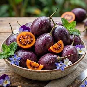 Puede incluir: Un cuenco de cerámica lleno de fruta de tamarillo, algunas partidas por la mitad para revelar la pulpa naranja. La fruta de piel morada está adornada con ramitas de menta y pequeñas flores. El cuenco está sobre una superficie de madera.