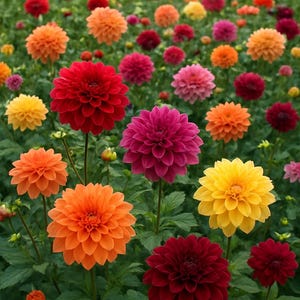 May include: A field of blooming dahlias in various colours. The flowers are in shades of red, orange, yellow, pink, and burgundy. The green foliage provides a backdrop for the blossoms, creating a lively and natural scene.