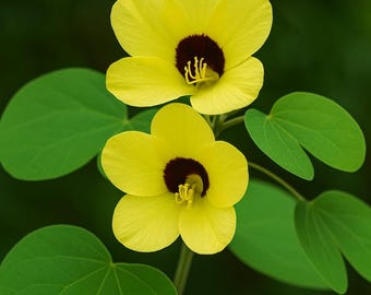 Op de afbeelding: Close-up van twee heldergele bloemen met donkerrode centra en delicate gele meeldraden. De bloemen worden omringd door heldergroene, hartvormige bladeren tegen een donkergroene achtergrond. De afbeelding toont de schoonheid van de natuur.