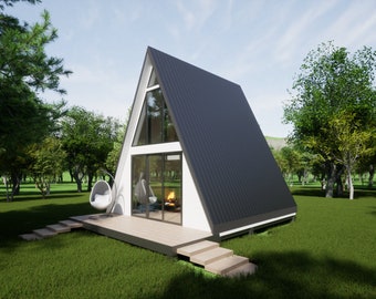 Planos de casas tipo cabaña con estructura en forma de A: dibujos arquitectónicos en PDF y planos de cimentación.