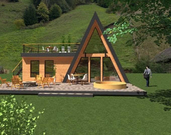 Può includere: Casetta a capanna dal design moderno, con un'ampia facciata in vetro e un esterno in legno. La casetta ha un terrazzo con posti a sedere e una vasca idromassaggio. Lo sfondo mostra una collina verde e alberi.