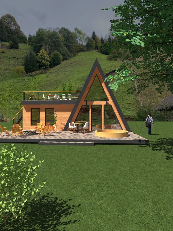 Small A frame Cabin design architectural plans - 11 x 11 meters