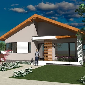Könnte beinhalten: Ein modernes, eingeschossiges Haus mit grauem Äußeren, braunem Dach und Holzakzenten. Das Haus hat große Fenster, einen kleinen Vorgarten mit Landschaftsgestaltung und ein weißes Auto in der Einfahrt. Eine Person steht vor dem Haus.