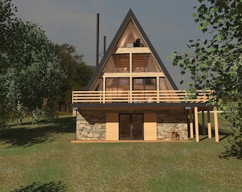 A-Frame House Plans: 8.6x13.6m, Basement, 3 Stories (Romanian)