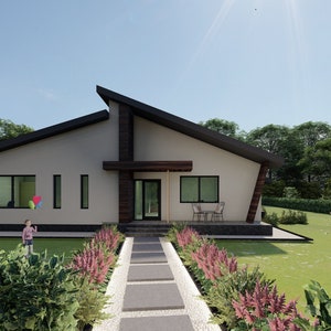 Könnte beinhalten: Ein modernes, eingeschossiges Haus mit einem einzigartigen Dachdesign. Die Fassade ist hellgrau, mit dunklen Holzakzenten und großen Fenstern. Ein Steinweg führt zur Eingangstür, gesäumt von rosa Blumen. Ein Kind hält Ballons im Garten.