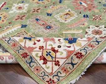 Hand-Knotted Wool Area Rug, Sage Green, Pink & Blue Medallions, Floral Border, 8x10