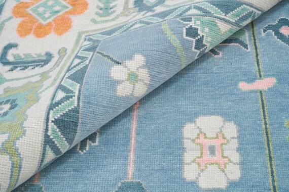Hand Knotted Sky Blue Oushak Rug, Turkish Wool Floral Carpet, 8x10 ft