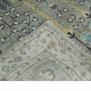Hand-Knotted Turkish Oushak Rug: Grey & Blue Floral Wool Carpet (8x10 ft)