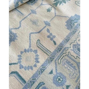 Hand-Knotted Oushak Wool Rug: Soft Blue & White Geometric Floral, 8x10
