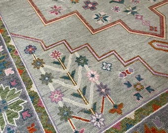 Pastel Turkish Oushak Rug, Sage Green Floral Hand Knotted Wool Carpet, Vintage Anatolian Area Rug for Living Room Bedroom, Cottage Farmhouse
