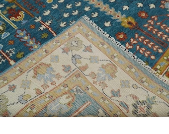 Vintage Turks oushak-tapijt 8 x 10 handgeknoopt tapijt met blauwe bloemen traditioneel oosters karpet antieke stijl handgemaakt tapijt boho boerderijdecor