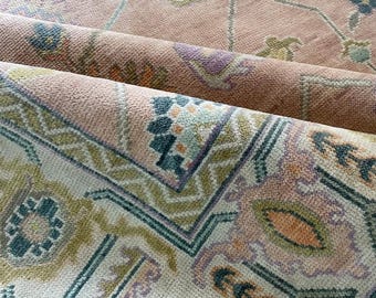 Hand-Knotted Oushak Rug: Pink & Blue Wool, Artisan Home Decor