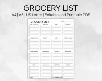 Editable Grocery List, Grocery Planner, Grocery Shopping, Shopping List, Master Grocery List, Grocery List Template, Printable Grocery List