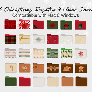 May include: Thirty Christmas desktop folder icons compatible with Mac and Windows. The icons feature a variety of festive designs, including snowflakes, candy canes, Christmas trees, and presents.