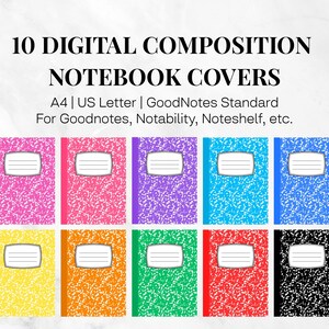 May include: Ten digital composition notebook covers in various colors, including pink, purple, and blue. Each notebook has a white label and a unique patterned design. The text at the top reads "10 DIGITAL COMPOSITION NOTEBOOK COVERS".