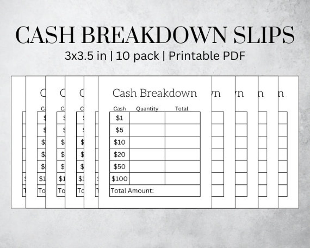 Printable Cash Breakdown Slip Bank Teller Slip Cash Stuffing Cash ...