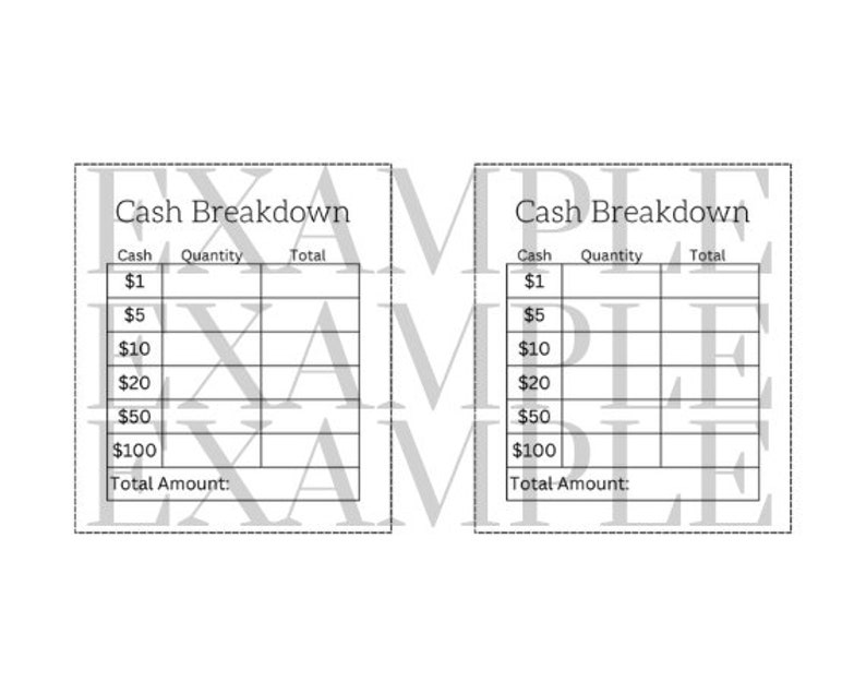 Printable Cash Breakdown Slip Bank Teller Slip Cash Stuffing Cash ...