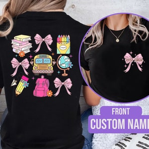 Teacher Coquette Shirt with Name, Teacher Appreciation Gift, Personalized Teacher Name Shirt, Custom Teacher Tshirt, Teacher Pink Bow Shirts