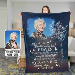 Custom Think Of This Blanket As A Hug From Heaven, Personalized Loss Mom Dad Photo Blanket, In Loving Memory Blanket, Mother&#39;s Day Blanket