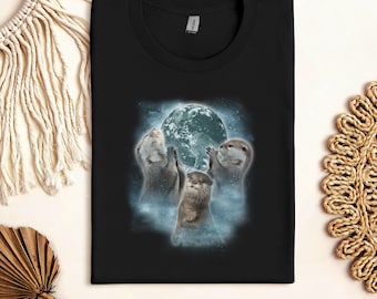 Three Otters Vintage Graphic T-shirts, Retro Otter Moon Tshirt, Otter Lovers, Funny Graphic Tee,Oversized Washed Tee,Funny Animal Meme Shirt