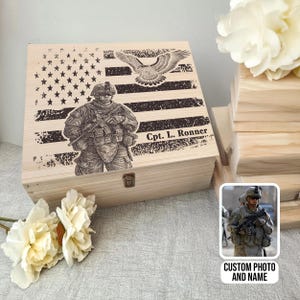 Custom Military Keepsake Box with Soldier Photo, Personalized Army Gift For Veterans, Retirement, Gift Box With Soldier Silhouette And Flag