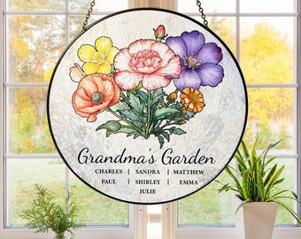 Grandma's Garden Family Birth Flower Suncatcher, Personalized Stained Glass Window Hanging Suncatcher, Mother's Day Suncatcher, Gift Grandma