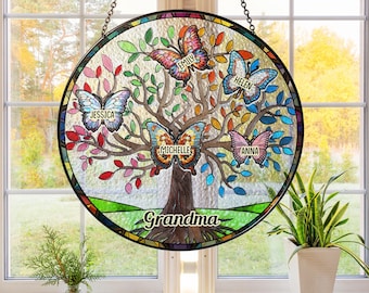 Butterfly Grandkids Tree Suncatcher, Personalized Stained Glass Window Hanging Suncatcher, Mother's Day Gift, Custom Family Window Hanging