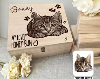 Caja de recuerdos conmemorativa de gato personalizada con retrato grabado, caja de madera personalizada para gatos atigrados, regalo conmemorativo para la pérdida de una mascota.