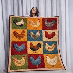 May include: A quilted blanket featuring a patchwork design of various chickens in different colors and patterns. The squares are set against a variety of colored backgrounds, including red, blue, and green. The blanket has a brown border.