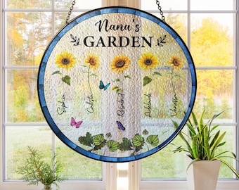 Custom Sunflowers Grandma's Garden Suncatcher, Personalized Stained Glass Window Hanging Suncatcher, Mother's Day Suncatcher, Gift Grandma