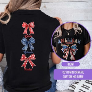 Custom American Mama Shirt with Names, Personalized 4th of July Mom Shirt,Retro Coquette Mama TShirt,Patriotic USA Mama T Shirt,Gift for Mom
