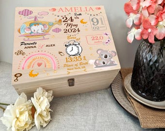 Personalized Baby Girl Memory Keepsake Box, Wooden Keepsake Box For Newborn Baby, Christmas Gift For Kid, New Mom Keepsake Box