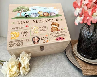 Personalisierte Baby-Memory Holzkiste Erinnerungsbox, Weihnachtsgeschenk für Kinder, Erinnerungsbox für Neugeborene Baby, süße Tiere Holzkiste für Baby