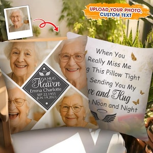 Hug from Heaven Memorial Pillow, Personalized Remembrance Gift with Photo, Name & Dates, Sympathy Bereavement Pillow for Loss of Loved One