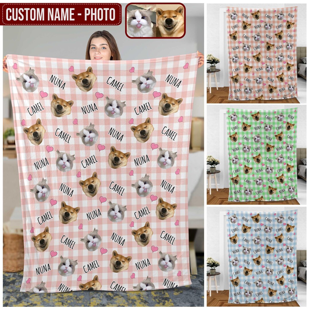 Custom Pet Photo Blanket With Name, Personalized Dog Cat Face Blanket ...
