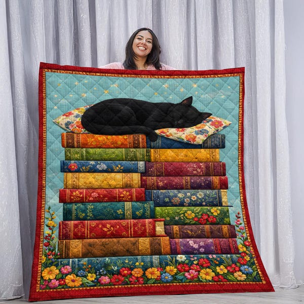Black Cat Sleeping On Books Quilt Cozy Reader Cat Lover Blanket