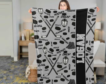 Personalized Hockey Blanket, Custom Name Sports Throw, Ice Hockey Player Gift, Team Spirit Fleece Blanket, Hockey Lover Room Decor Gift
