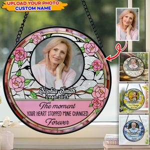 Memorial The Moment Your Heart Stopped - Personalized Photo Stained Glass Window Hanging Suncatcher, Custom Family Window Hanging