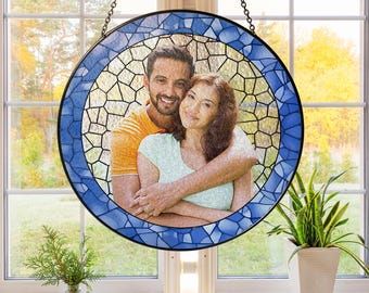 Custom Photo Portrait Couple Family, Personalized Stained Glass Window Hanging Suncatcher, Couple Sunctacher, Gift For Boyfriend Girlfriend