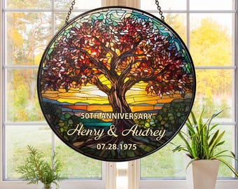 Personalized Tree of Life 50th Anniversary Gift, Tree of Life Glass Suncatcher, Home Decoration, Anniversary Gift For Parents
