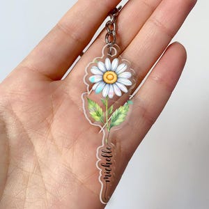 Personalized Birth Flower Keychain with Name, Custom Acrylic Floral Keyring, Birthday Month Flower Gift, Custom Name Keychain Gift for Her