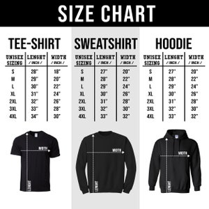 K&ouml;nnte beinhalten: Gr&ouml;&szlig;entabelle f&uuml;r Unisex-T-Shirts, Sweatshirts und Hoodies. Die Tabelle zeigt die L&auml;nge und Breite in Zoll f&uuml;r die Gr&ouml;&szlig;en S, M, L, XL, 2XL, 3XL und 4XL.