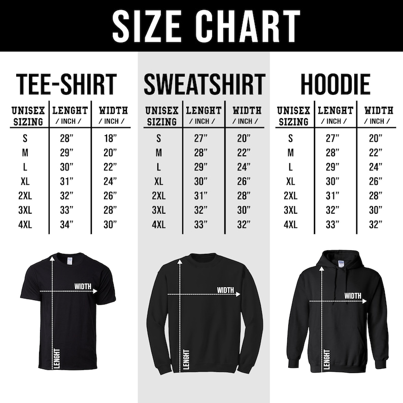 K&ouml;nnte beinhalten: Gr&ouml;&szlig;entabelle f&uuml;r Unisex-T-Shirts, Sweatshirts und Hoodies. Die Tabelle zeigt die L&auml;nge und Breite in Zoll f&uuml;r die Gr&ouml;&szlig;en S, M, L, XL, 2XL, 3XL und 4XL.