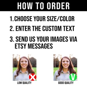 K&ouml;nnte beinhalten: So bestellen Sie ein individuelles Portr&auml;t: W&auml;hlen Sie Ihre Gr&ouml;&szlig;e und Farbe, geben Sie den individuellen Text ein und senden Sie Ihre Bilder &uuml;ber Etsy-Nachrichten. Zwei Bilder zeigen den Unterschied zwischen Bildern in niedriger und hoher Qualit&auml;t. Das Bild links zeigt ein verschwommenes Bild mit einem roten X und dem Text &bdquo;Niedrige Qualit&auml;t&ldquo;. Das Bild rechts zeigt ein klares Bild mit einem gr&uuml;nen H&auml;kchen und dem Text &bdquo;Gute Qualit&auml;t&ldquo;.